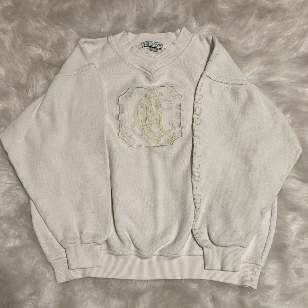 Y2K Izod Club Golf Medium V-Neck Pullover Sweatshirt Ivory Old Money Preppy 90s